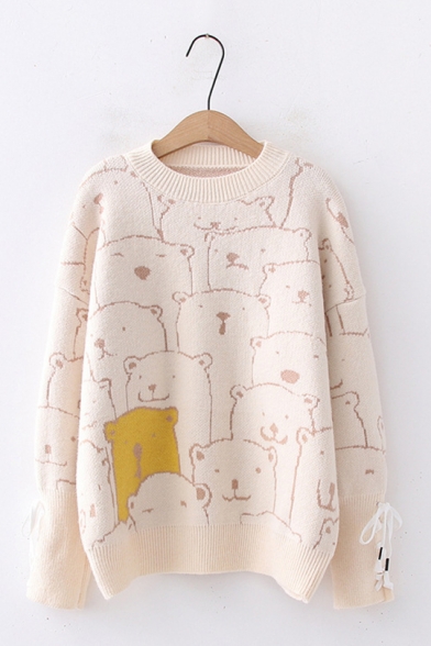 Womens Cute Cartoon Bear Printed Long Sleeve Round Neck Oversized Loose Pullover Sweater