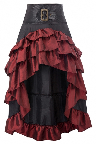 Womens Fashion Color Block Layered Ruffle High Low Hem Vintage Midi Asymmetric Skirt