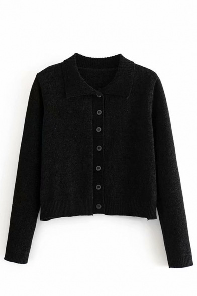 Womens Fashion Polo Collar Long Sleeve Button Down Cropped Cardigan Knitted Sweater