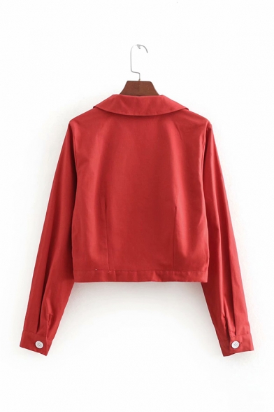 Womens Fashion Solid Brick Red Notched Collar Long Sleeve Button Front Crop Blazer Jacket with Flap Pocket