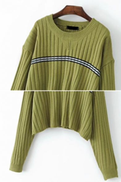 Womens Fashion Striped Print Round Neck Long Sleeve Ribbed Knit Oversized Cropped Pullover Sweater Top