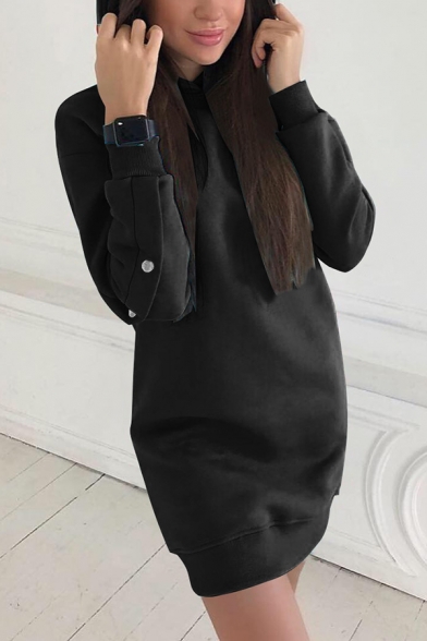 Womens Fashionable Solid Color Studded Long Sleeve Longline Fitted Pullover Hoodie