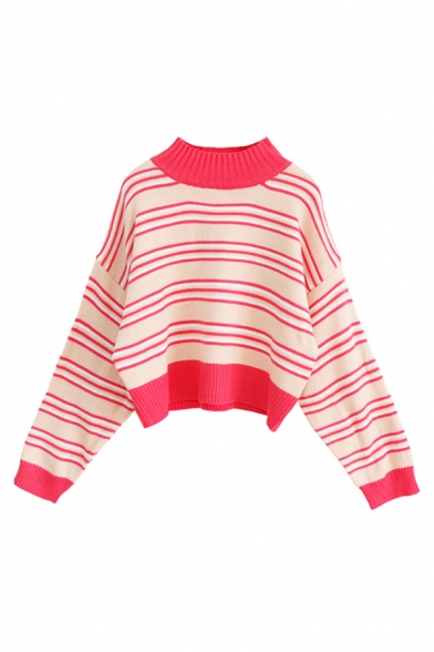 Womens Lovely Pink Stripes Long Sleeve Loose Fit Short Knitwear Pullover Sweater