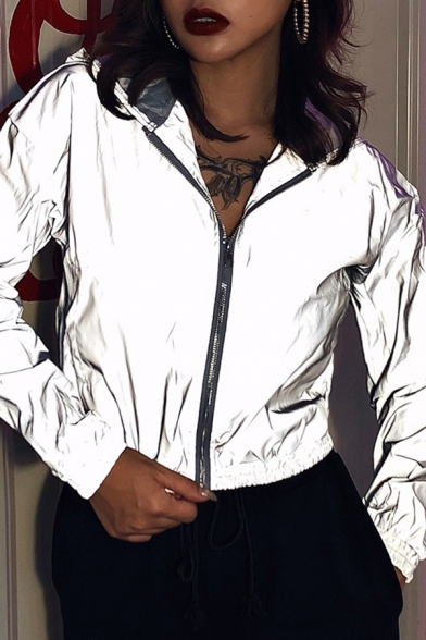 Womens Popular Streetwear Grey Long Sleeve Zip Up Reflective Cropped Coat Jacket with Hood