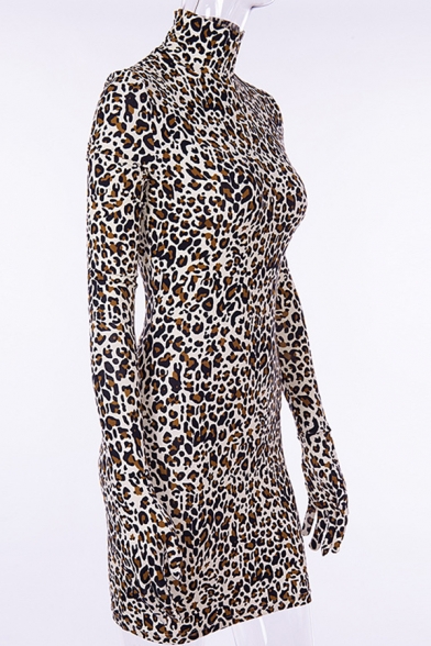 Womens Sexy Leopard Print Glove Sleeves High Collar Mini Bodycon Dress