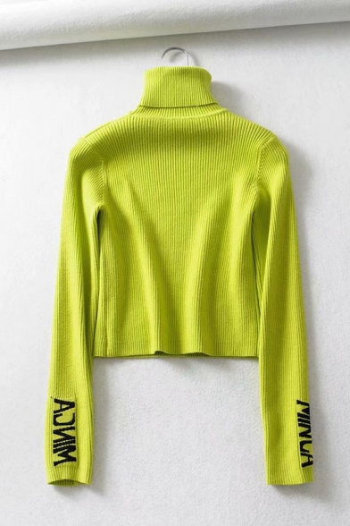 Womens Simple Letter MINGA Printed Long Sleeve Turtleneck Slim Fit Fluorescent Green Pullover Sweater