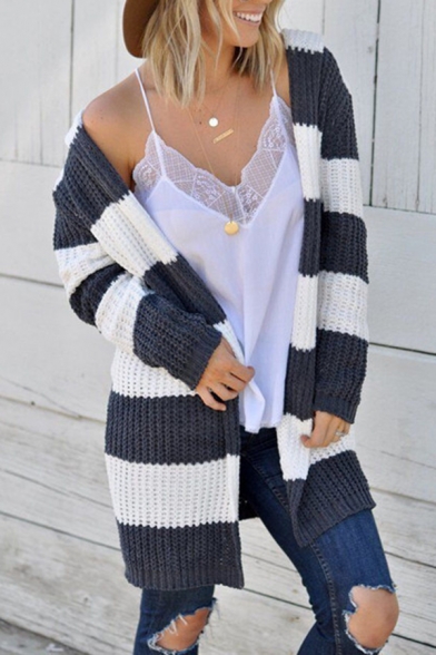 Womens Simple White and Gray Stripe Printed Long Sleeve Purl-Knit Longline Cardigan Coat with Hood