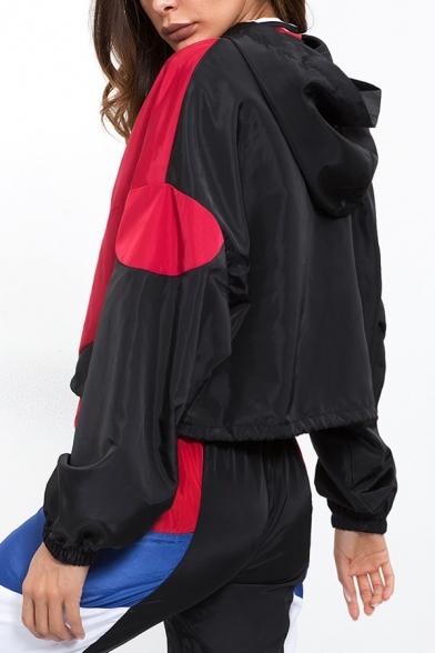 FACAIAFALO Womens Color Block Drawstring Long Sleeve Hooded Zip Up Sports Jacket Windproof Windbreaker