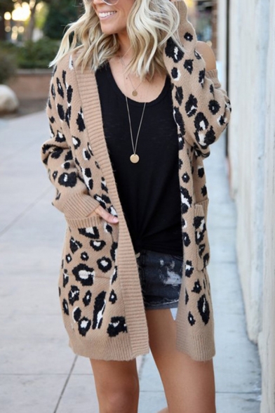 Womens Stylish Leopard Printed Long Sleeve Open Front Tunic Knitted Cardigan