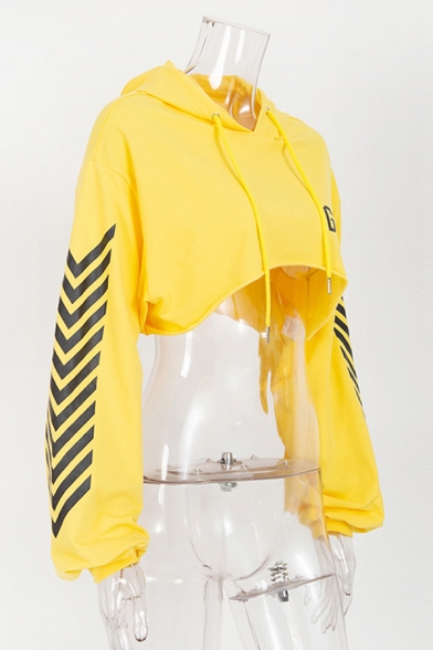 Yellow GOGUY Letter Chest Arrow Printed Long Sleeve Baggy Cropped Drawstring Hoodie