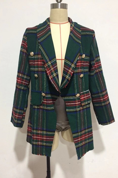 Color Block Checked Long Sleeve Lapel Collar Double Breasted Flap Pocket Casual Commuting Blazer Coat