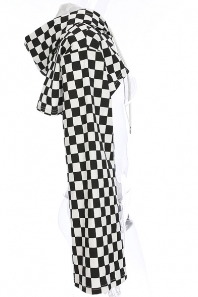 Cool Black and White Plaid Pattern Cutout Bell Long Sleeve Sunscreen Crop Drawstring Hoodie