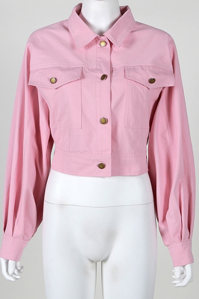 Girls Casual Long Sleeve Metal Button Fly Flap Pocket Solid Pink Crop Jacket Coat
