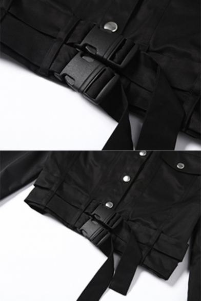 Hot Popular Black Casual Lapel Collar Long Sleeve Single Breasted Push Buckle Belt Slim Cropped Jacket