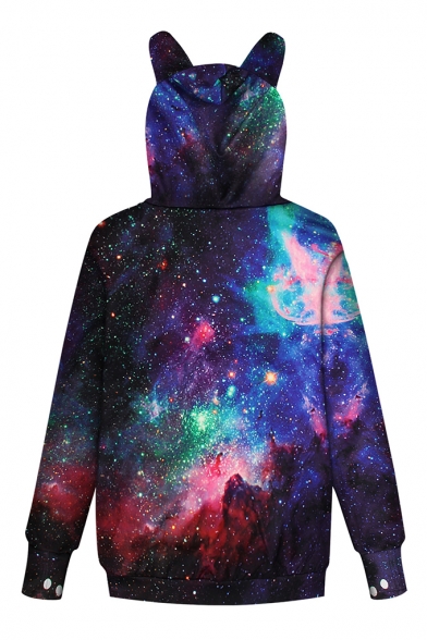 Hot Popular Starry Sky 3D Galaxy Printed Cat Claw Long Sleeve Casual Pompom Drawstring Hoodie
