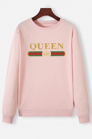 QUEEN Crown Print Long Sleeve Loose Fit Pullover Graphic Sweatshirt