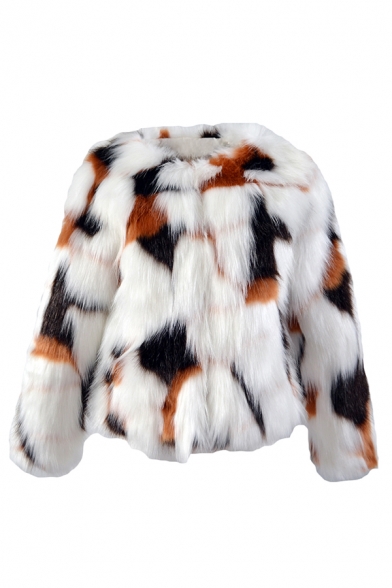 Ladies New Fashion Color Block Long Sleeve White Faux Fox Fur Short Outerwear Coat