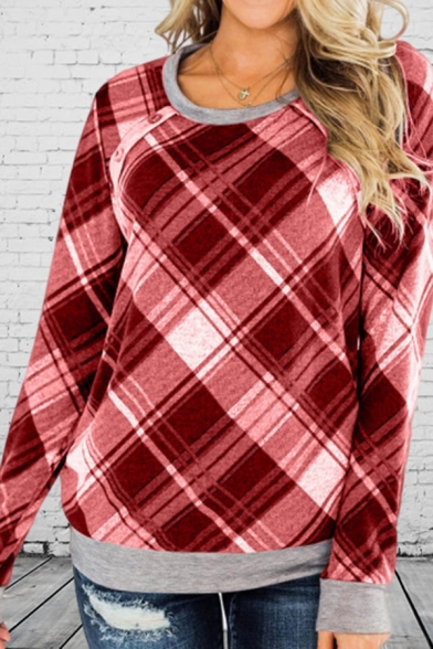 Ladies New Fashionable Checked Pattern Contrast Trim Long Sleeve Casual Pullover Sweatshirt