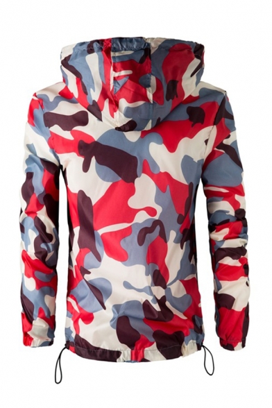 Mens Casual Camouflage Printed Long Sleeve Zip Up Hooded Sports Jacket Coat with Side Pocket