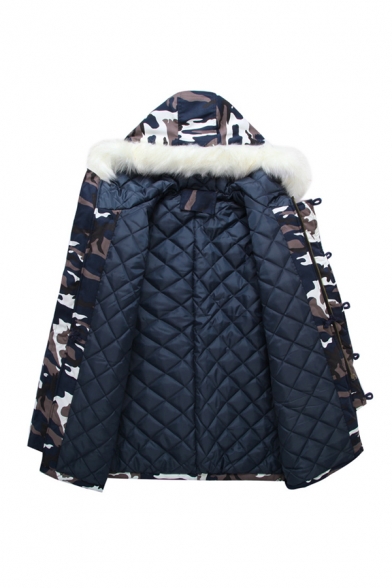 Mens Classic Camo Printed Long Sleeve Zip Closure Fur Trimmed Hooed Puffer Jacket Longline Parka Coat