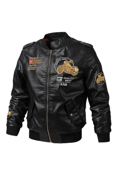 Mens Cool Black Motorcycle Letter Printed Stand Collar Long Sleeve Full Zip PU Bomber Jacket
