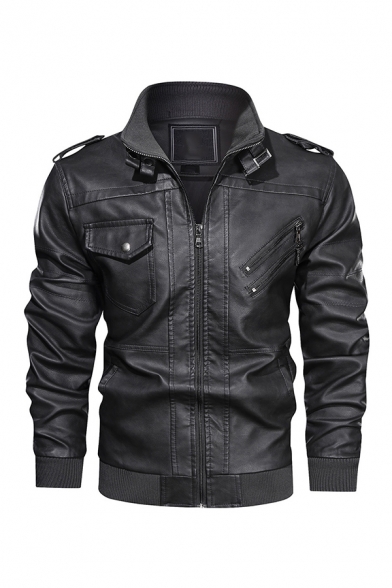 Mens Fashion Solid Color Long Sleeve PU Leather Zip Up Biker Jacket with Pocket