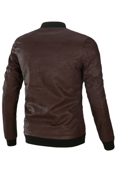 Mens Fashionable ZOK Letter Applique Brown Long Sleeve Stand Collar Zip Up Fitted Baseball Jacket
