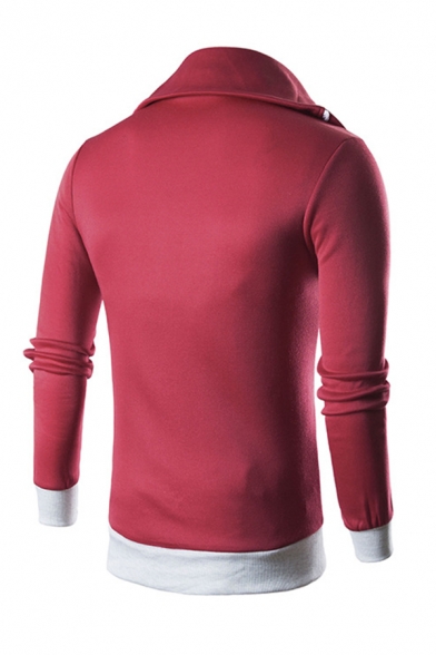 Mens Red Fashionable Contrast Trim Button Decoration Oblique Zip Long Sleeve Slim Fit Sweatshirt