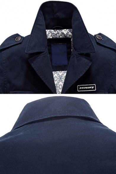 Mens Simple Notched Collar Long Sleeve Button Down Dark Blue Cargo Jacket Tunic Trench Coat