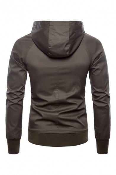 Mens Simple Plain Long Sleeve Concealed Zip Placket Casual Hooded Jacket Coat with Flap Pocket
