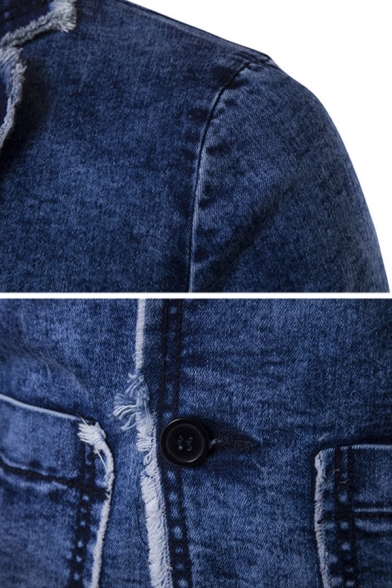 Mens Stylish Long Sleeve Notched Lapel Long Sleeve Double Button Raw Edges Faded Denim Blazer Jacket with Pocket