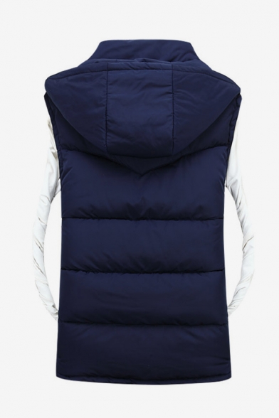 Navy Blue Solid Sleeveless Zip Up Warm Padded Vest with Hood for Couple