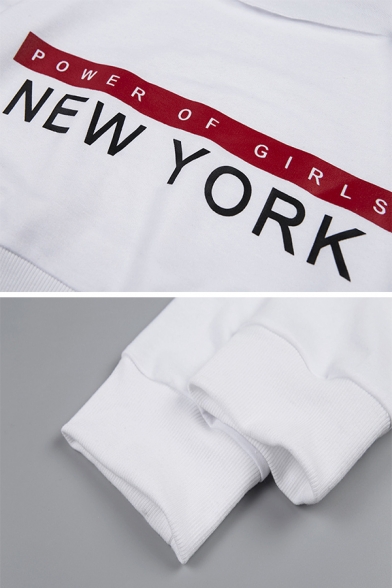 New Trendy POWER OF GIRLS NEW YORK Letter Printed Off the Shoulder Long Sleeve White Crop Sweatshirt