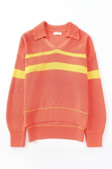 Preppy Chic Stripe Printed Long Sleeve Lapel Collar High Low Hem Oversized Pullover Sweater