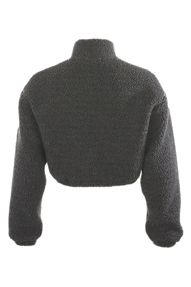 Winter Fashion Dark Grey Stand Collar Long Sleeve Zip Up Sherpa Fleece Cropped Jacket Plain Sweatshirt