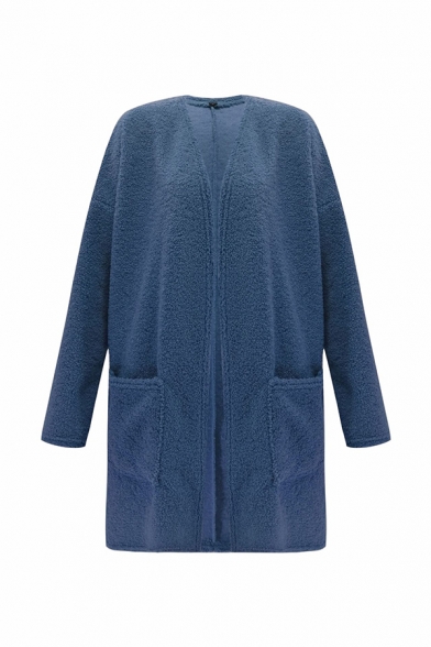 Winter Fashion Long Sleeve Open Front Plain Fuzzy Fleece Cardigan Coat with Big Pocket