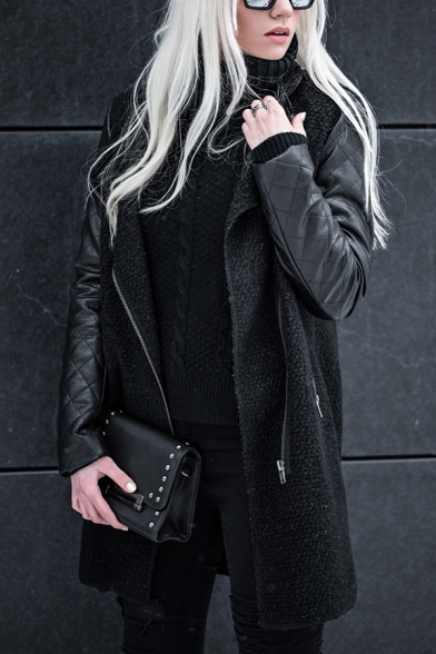 Winter Fashionable Stand Collar PU Leather Patchwork Long Sleeve Oblique Zip Longline Overcoat