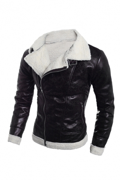 Winter Popular Two-Way Collar Long Sleeve Oblique Zip Black PU Leather Fleece Fitted Jacket Coat