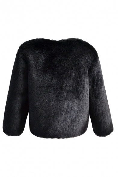 Women's Stylish Open Front Long Sleeve Faux Fox Fur Solid Outerwear Coat