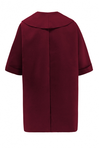 Women's Trendy Lapel Collar Half Sleeve Solid Color Longline Wool Coat with Pocket
