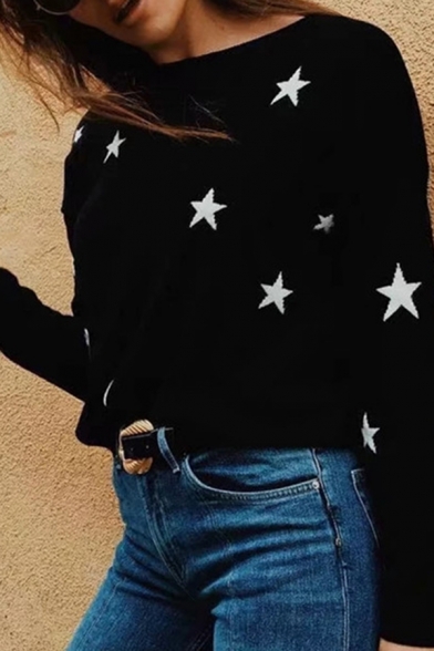 Womens Casual Pentagram Printed Long Sleeve Oversized Black Classic Pullover Sweater