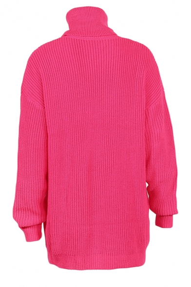 Womens Casual Rose Red Turtleneck Long Sleeve Oversized Longline Sweater Knitwear