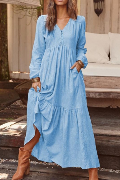 Womens Casual Solid Color Long Sleeve Button Embellished Linen Maxi Swing Dress