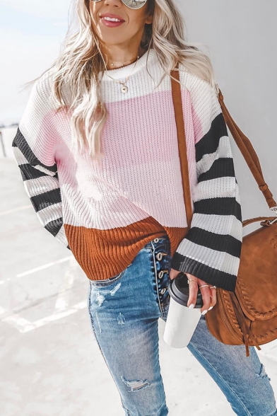Womens Casual Streetwear Striped Long Sleeve Crew Neck Boxy Pullover Sweater Top