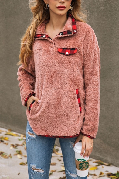 Womens Chic Checked Trim Lapel Button Decoration Long Sleeve Loose Teddy Pullover Sweatshirt