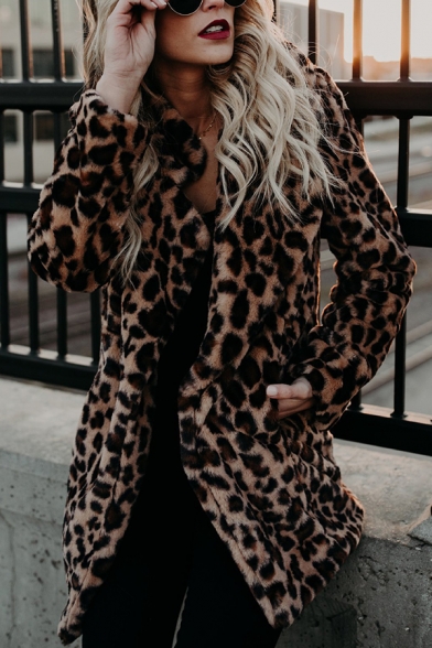 Womens Chic Leopard Print Open Front Long Sleeve Faux Fur Longline Coat with Pocket