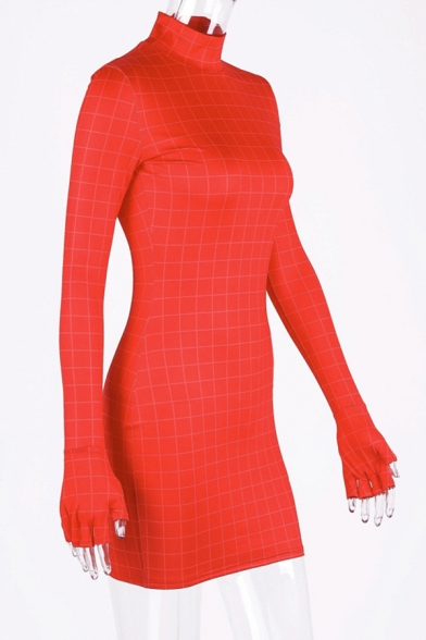 Womens Chic Plain Grid Print High Neck Gloves Long Sleeve Mini Bodycon Dress