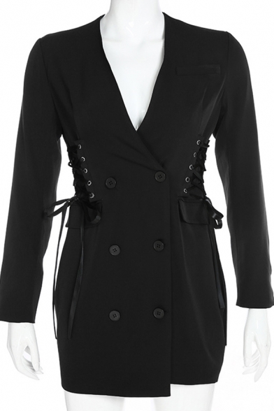 Womens Elegant Long Sleeve Side Tied Double Breasted Plain Black Longline Blazer Coat with Pocket