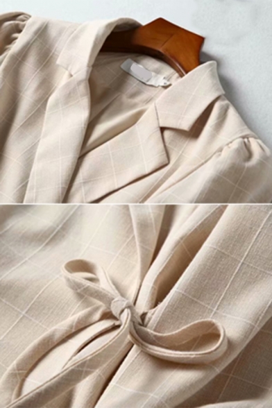 Womens Elegant Plain Apricot Checked Pattern Notch Lapel Puff Sleeve Wrap Tie Side Blazer Dress