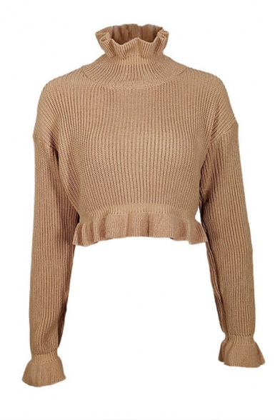 Womens Elegant Pure Color Stringy Selvedge High Collar Long Sleeve Cropped Chunky Knit Pullover Sweater